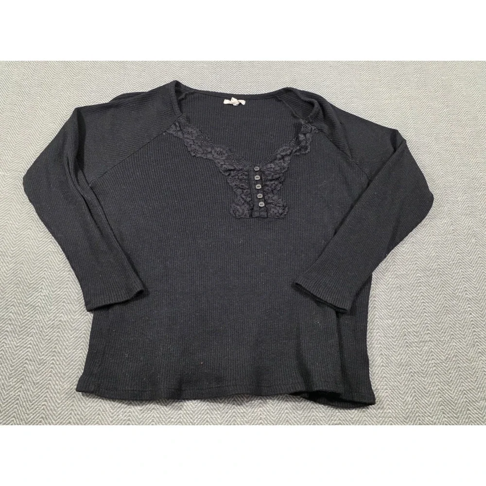 Maurices Black Lace Trim Thermal Henley Long Sleeve Top Plus Size 1X Ribbed Knit